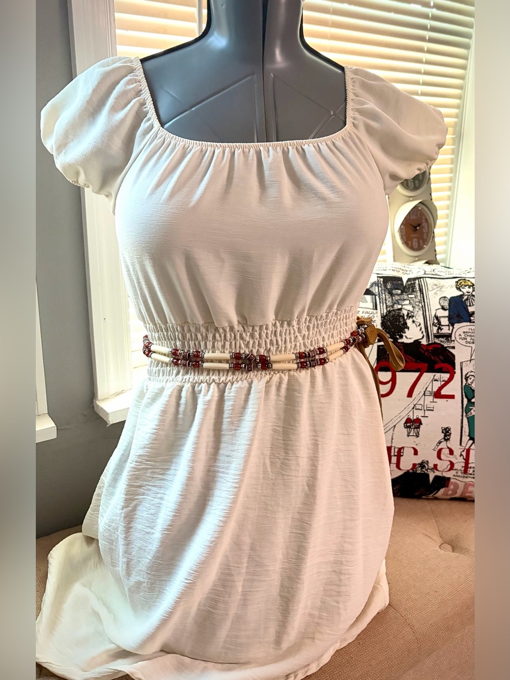 Discreet White Dress With Added Y2K Beaded Waist Accent Belt
